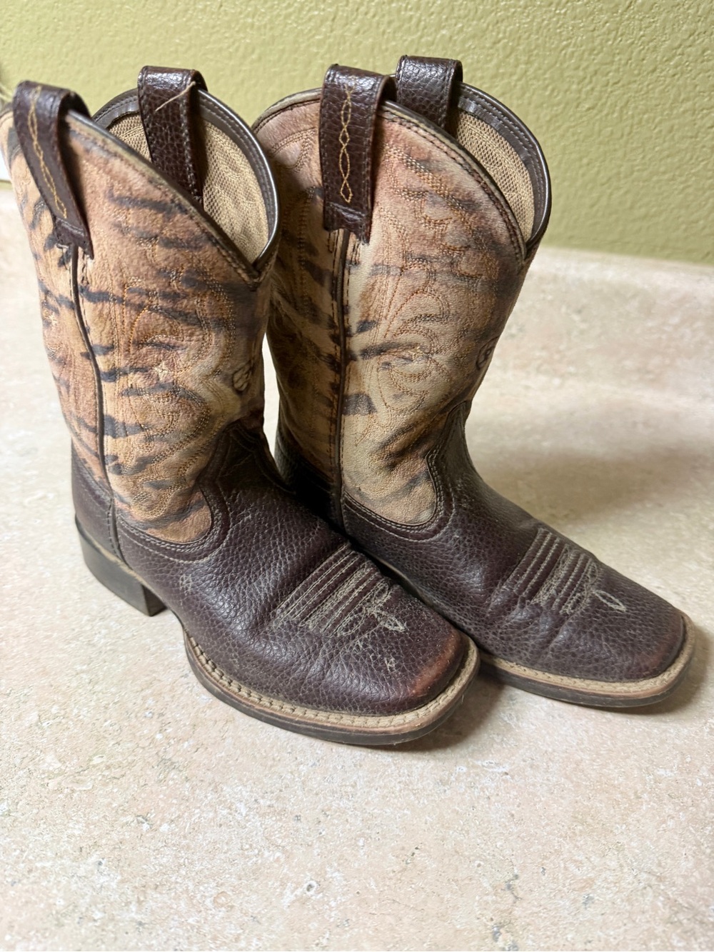 Girls Brown Leather Western Cowboy Boots with Tan tiger print Embroidered Shaft